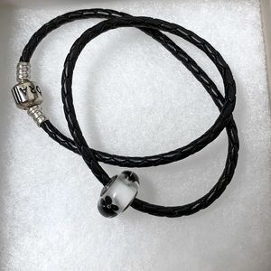 Black Leather Pandora Bracelet with one Crystal Charm.